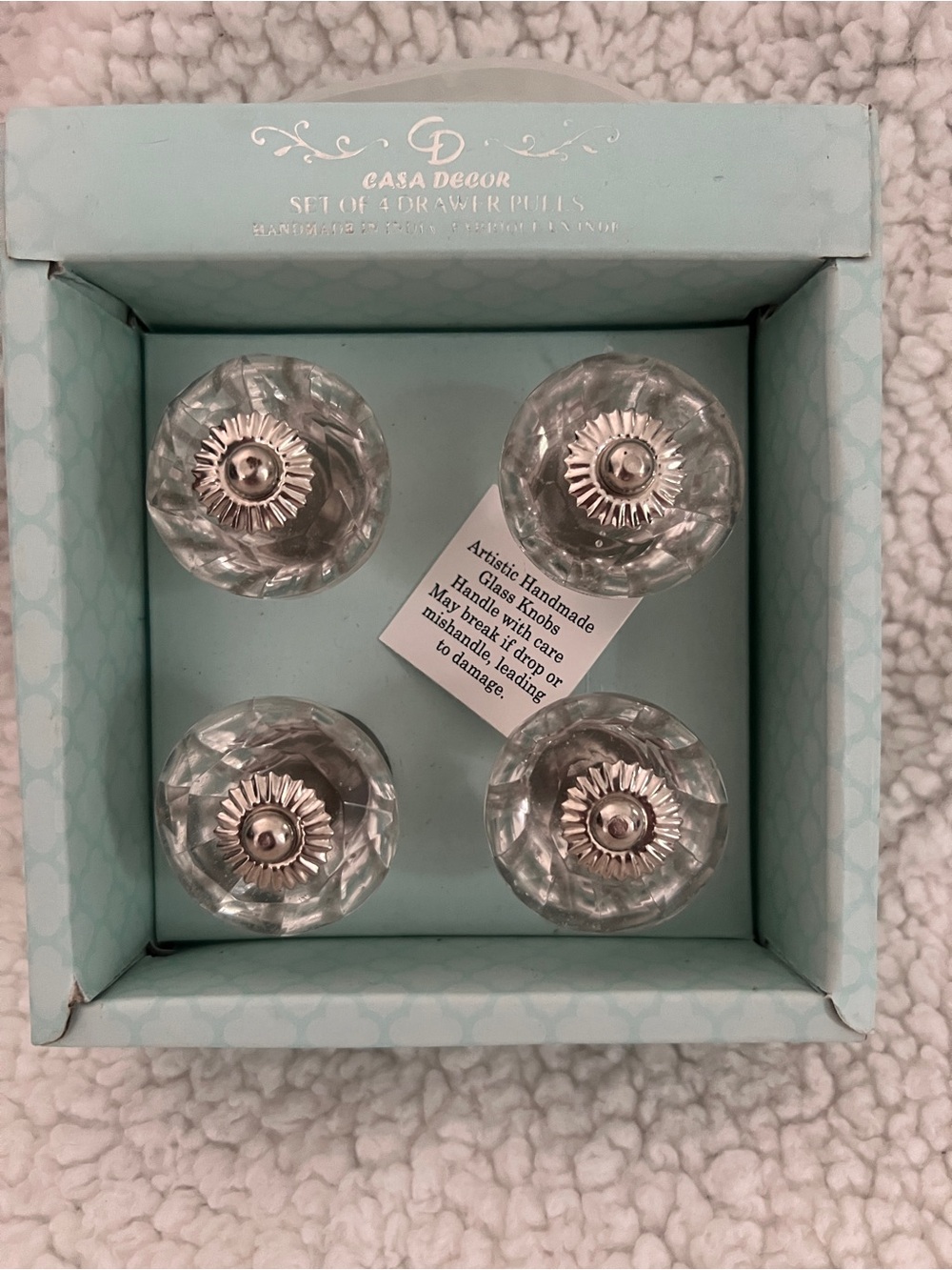 CASA DECOR GLASS/SILVER ROUND DRAWER,CABINET,DRESSER KNOBS PULLS, NWT, SET OF 4